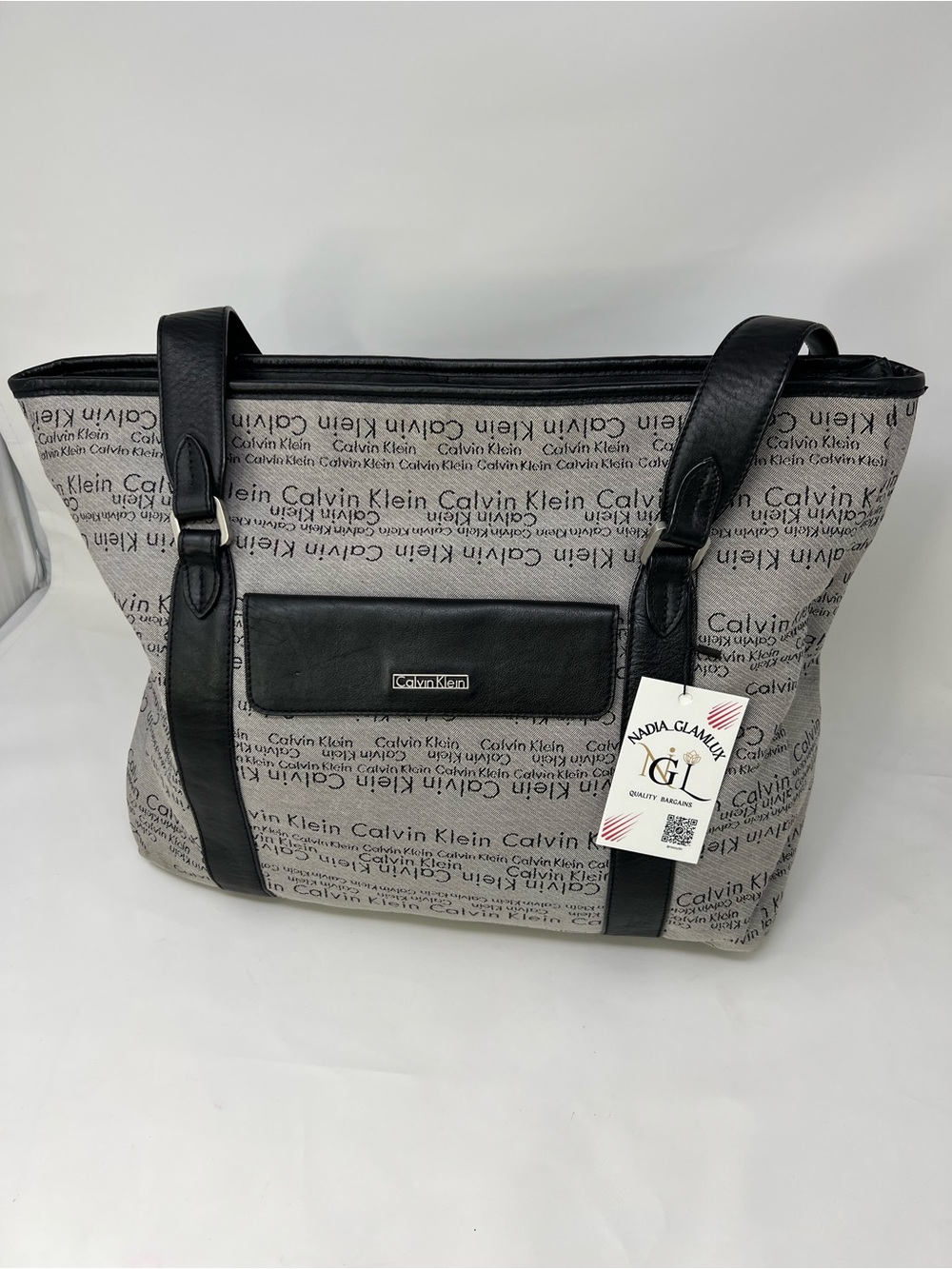 Calvin Klein Gray Logo Print Tote with Black Leather Trim